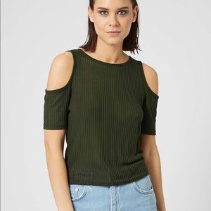 {Topshop} Green Ribbed Cold Shoulder Top